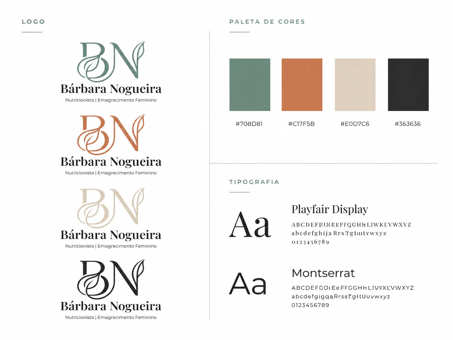 Identidade visual da nutricionista Bárbara Nogueira — logo, paleta de cores e tipografia | FliperArtz